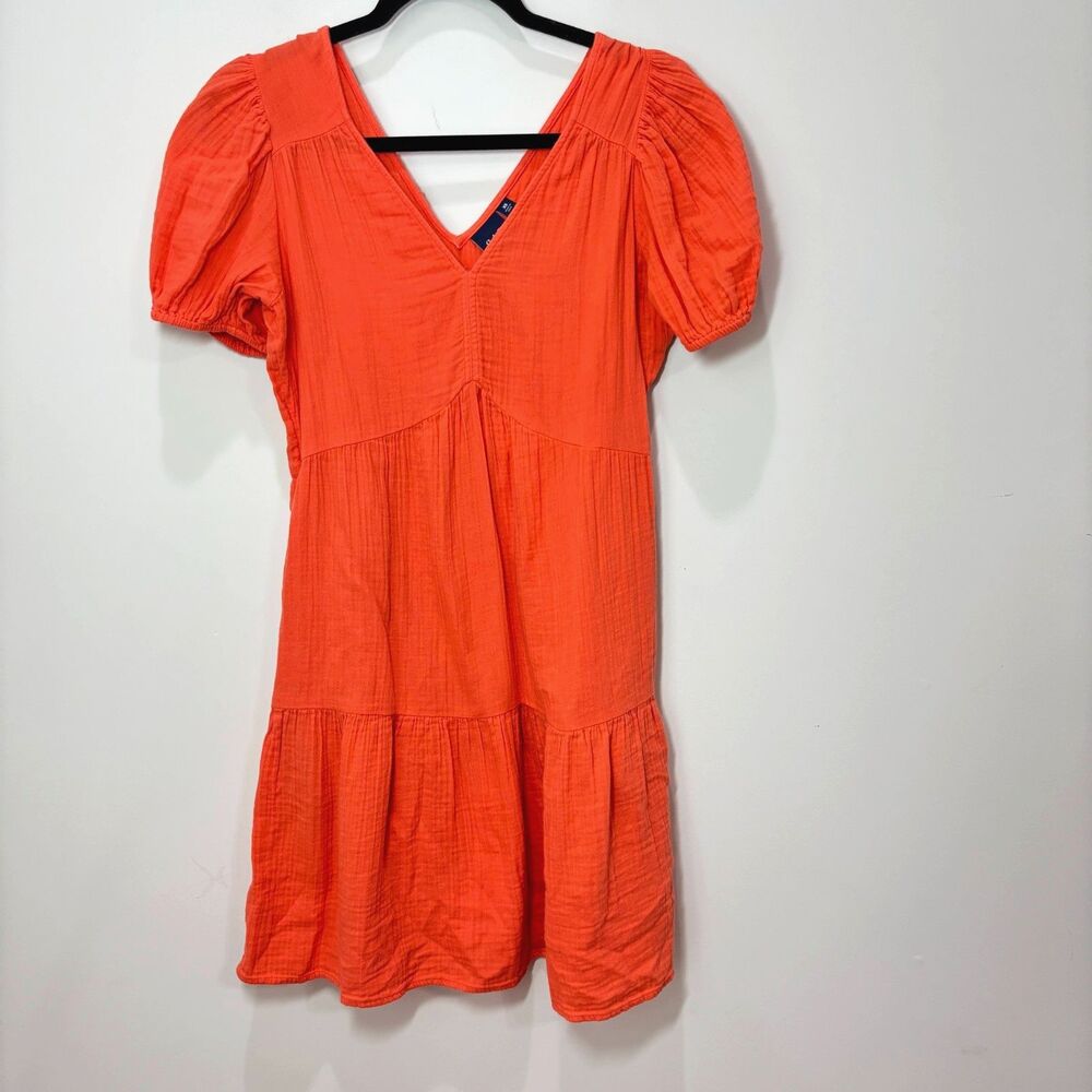 GAP Orange Gauze Mini Dress Women XS Crinkle Cotton Peasant Boho Tiered Airy